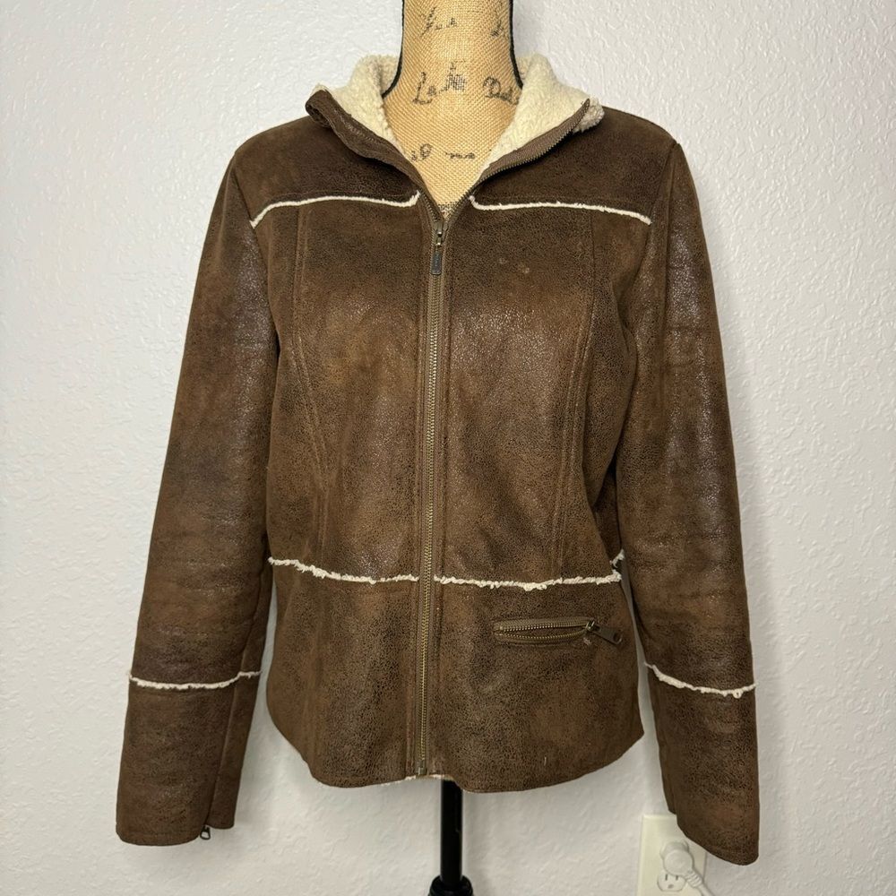 prAna Esme Brown Faux Suede Full Zip Sherpa Jacket Size M Pockets Gorp Boho